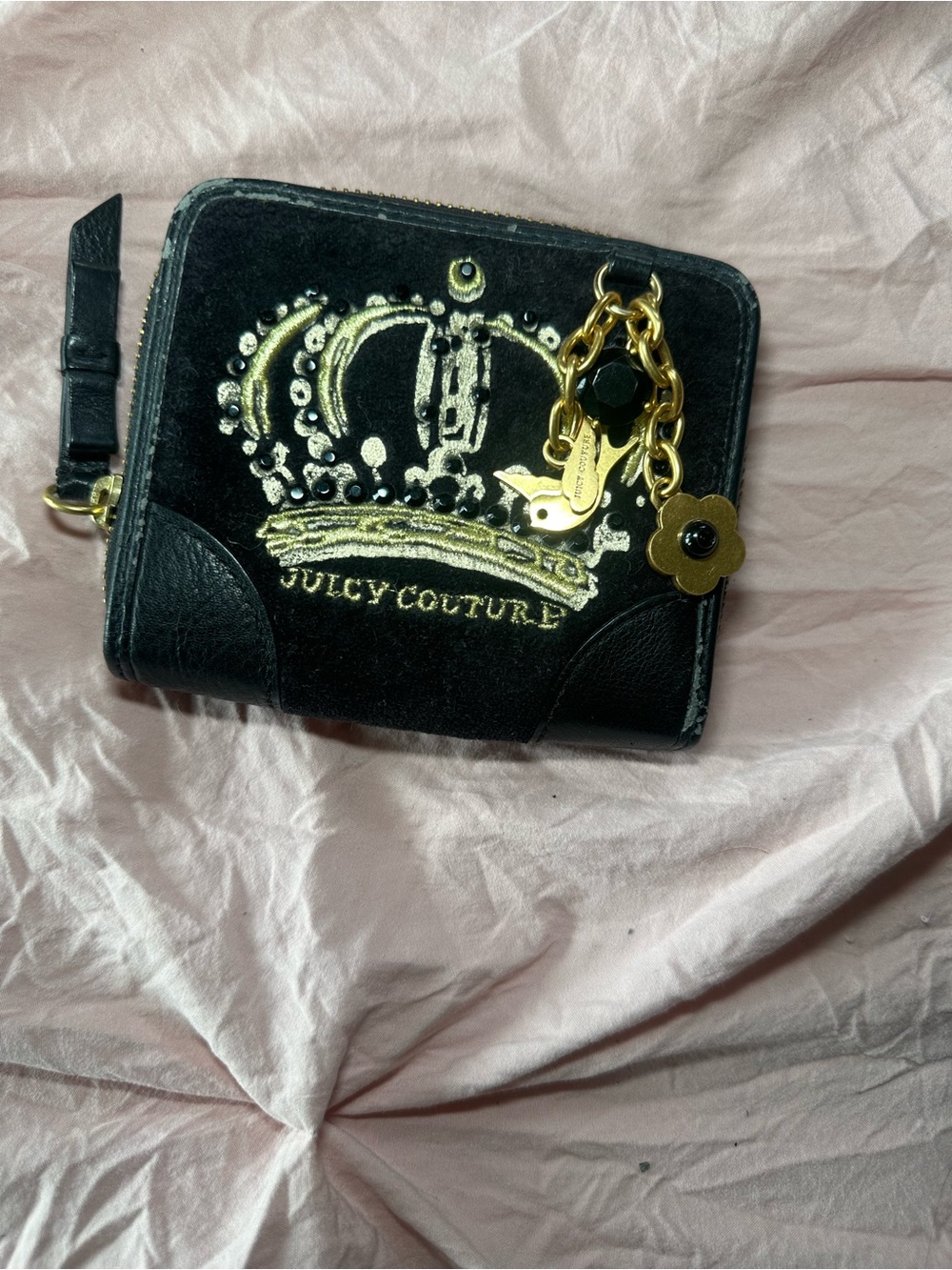 Juicy Couture Black Velvet Crown Wallet with Gold Charm Accents